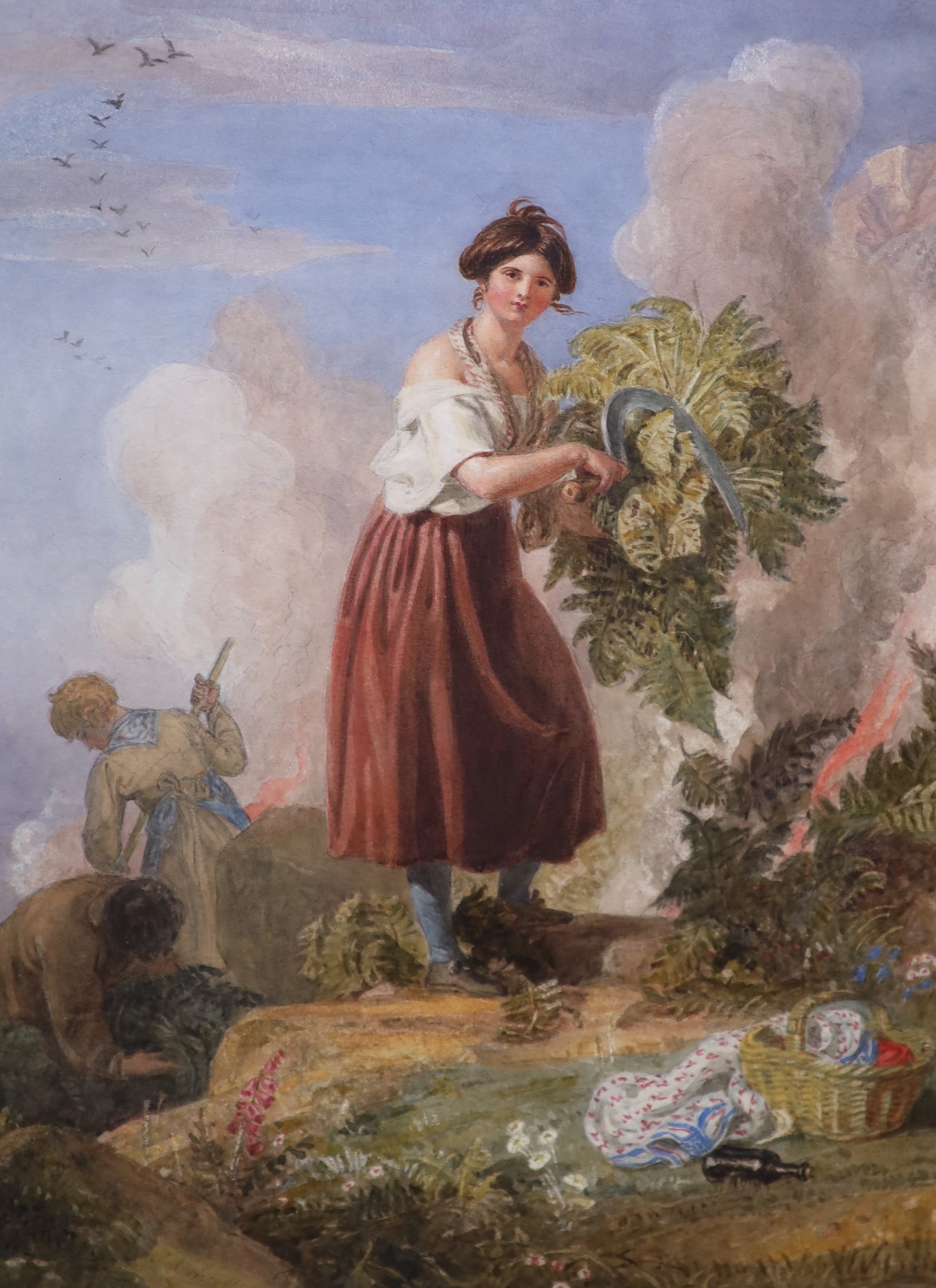 Joshua Cristall (British, 1767–1847), Fern cutters on Coppett Hill, Goodrich, watercolour, 37 x 27.5cm